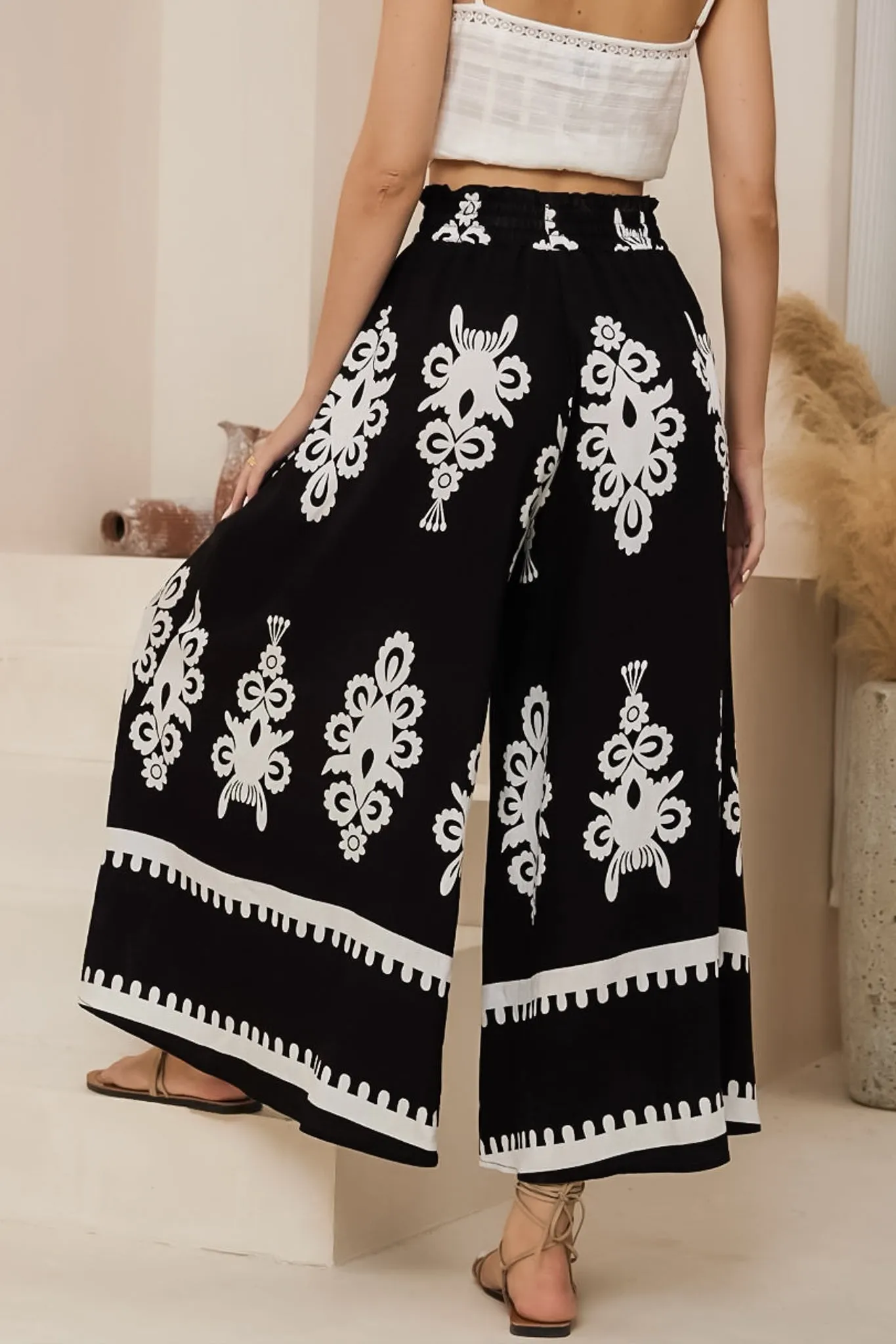 Mezza Pants - Paper Bag High Waisted Wide Leg Pants in Maceo Print Black sold by Salty Crush product image thumbnail 4