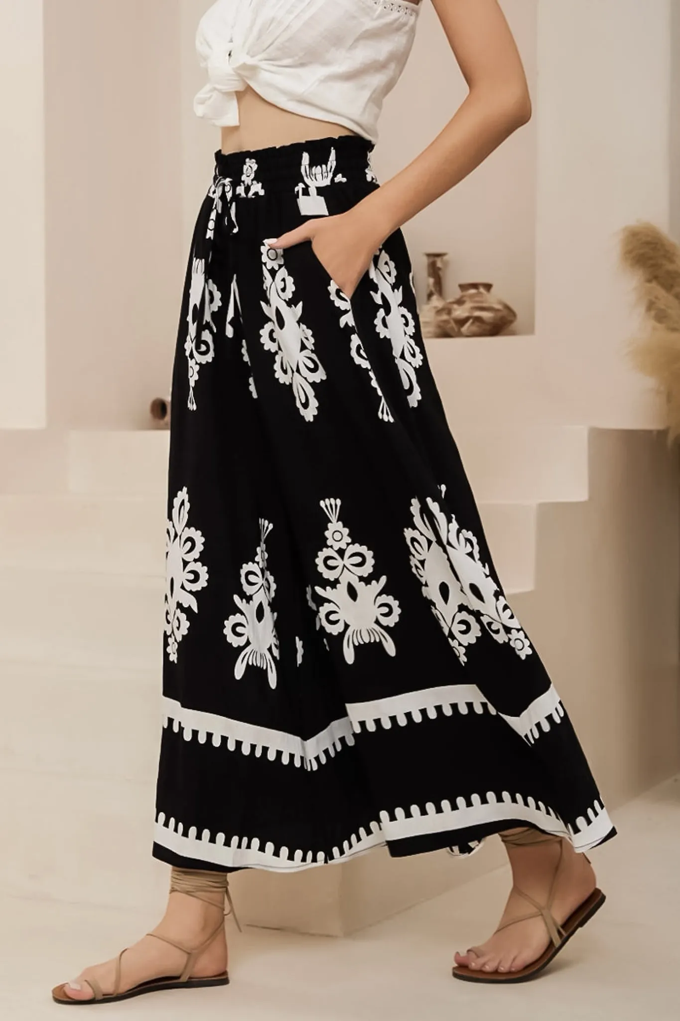 Mezza Pants - Paper Bag High Waisted Wide Leg Pants in Maceo Print Black sold by Salty Crush product image thumbnail 3