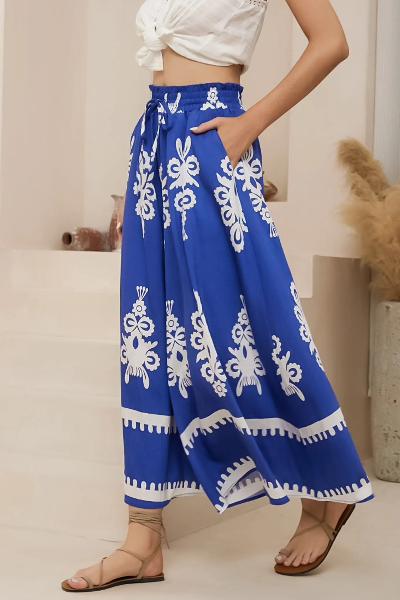 Mezza Pants - Paper Bag High Waisted Wide Leg Pants in Maceo Print Blue sold by Salty Crush product image thumbnail 4