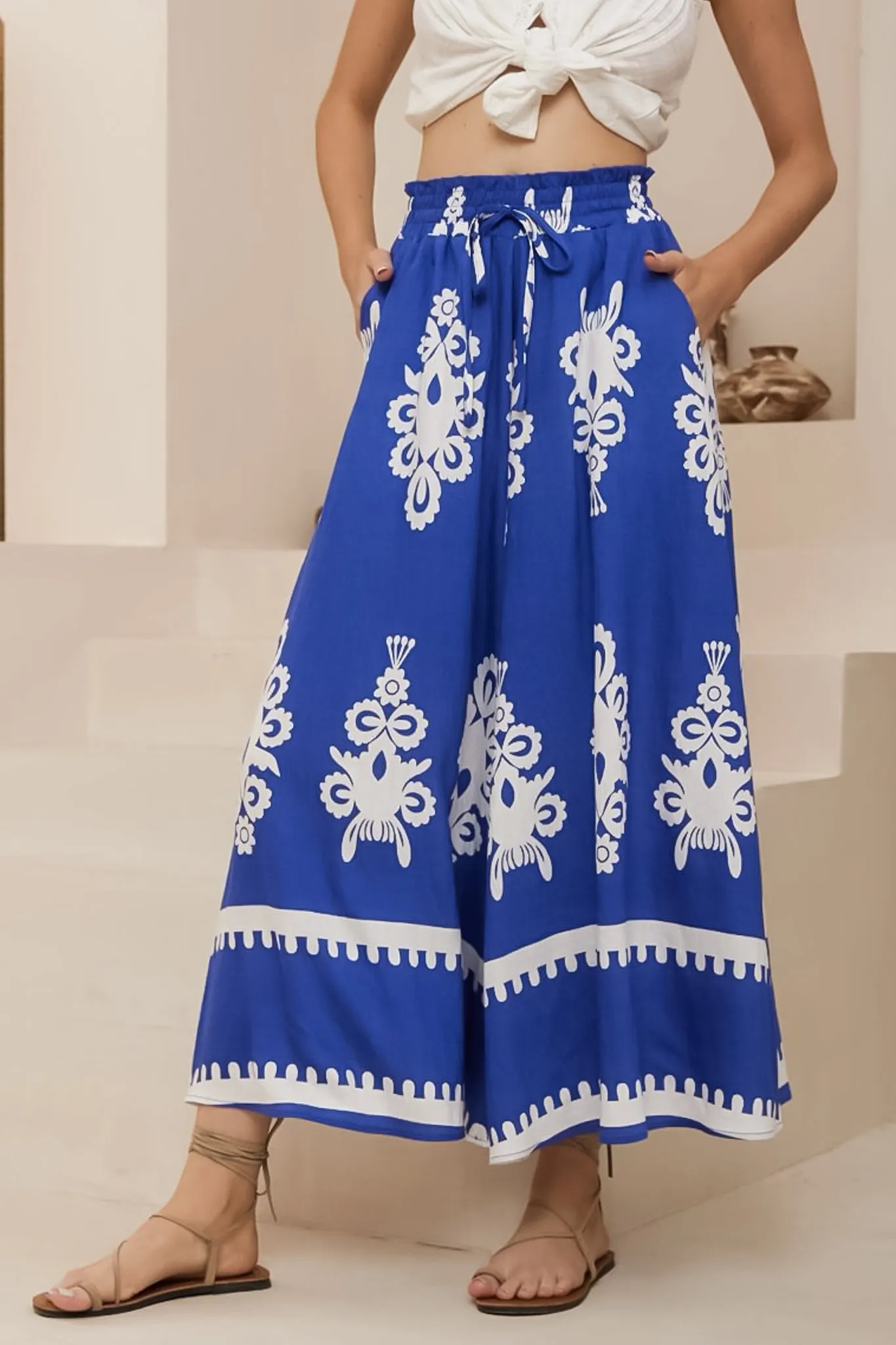 Mezza Pants - Paper Bag High Waisted Wide Leg Pants in Maceo Print Blue sold by Salty Crush product image thumbnail 3