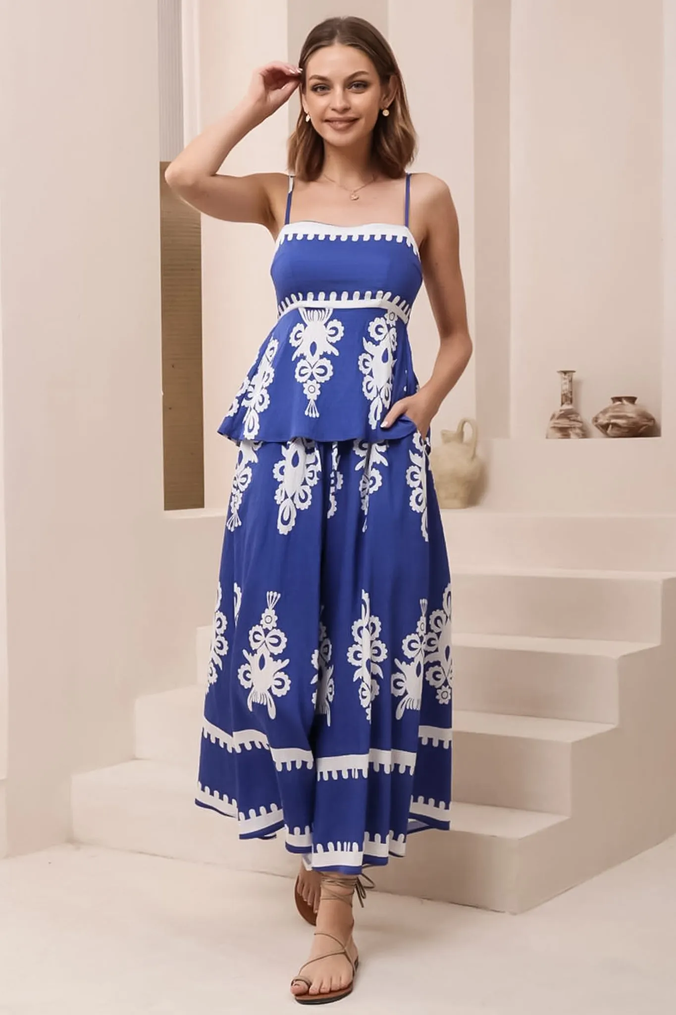 Mezza Pants - Paper Bag High Waisted Wide Leg Pants in Maceo Print Blue sold by Salty Crush product image thumbnail 2