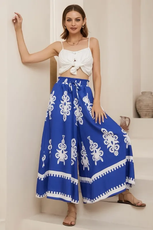 Mezza Pants - Paper Bag High Waisted Wide Leg Pants in Maceo Print Blue sold by Salty Crush