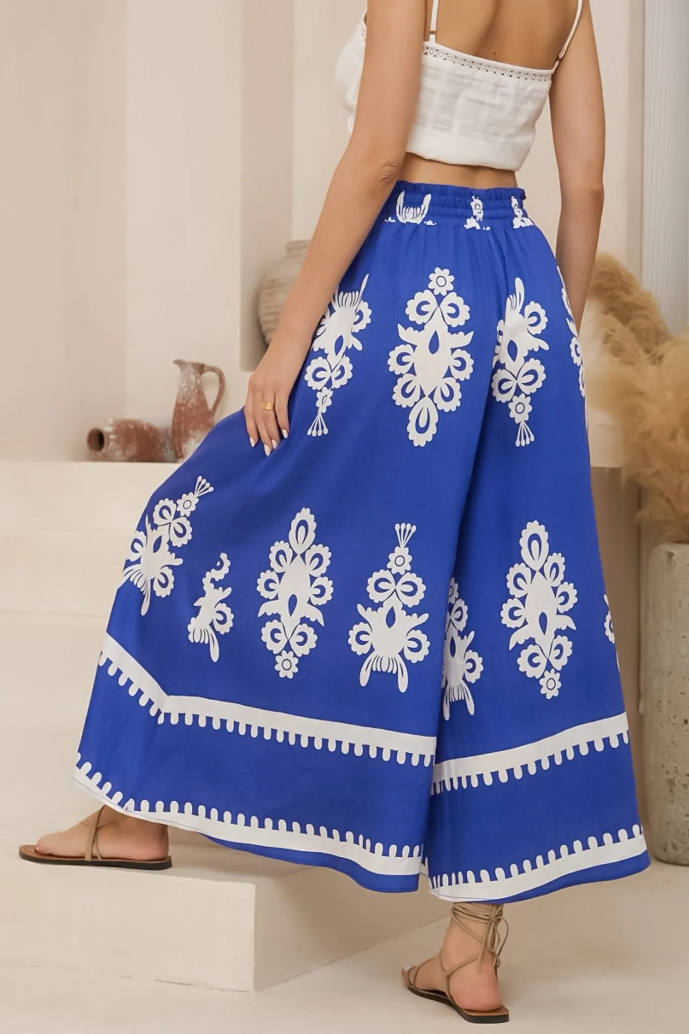 Mezza Pants - Paper Bag High Waisted Wide Leg Pants in Maceo Print Blue sold by Salty Crush product image thumbnail 5