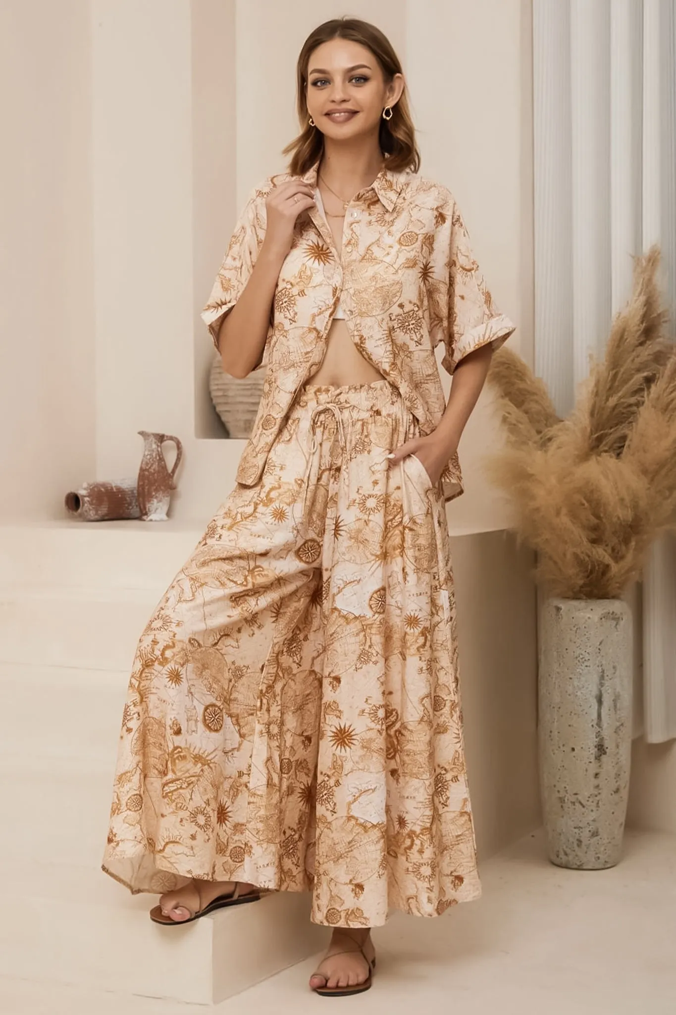 Mezza Pants - Paper Bag High Waisted Wide Leg Pants in Emory Print sold by Salty Crush product image thumbnail 2