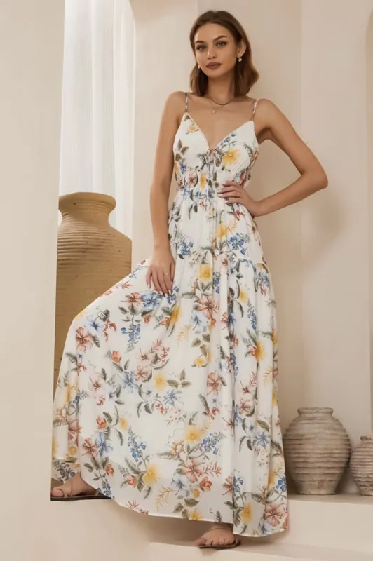 Kelda Maxi Dress - Spahetti Strap Gathered Waist Sun Dress in Veronica Print sold by Salty Crush