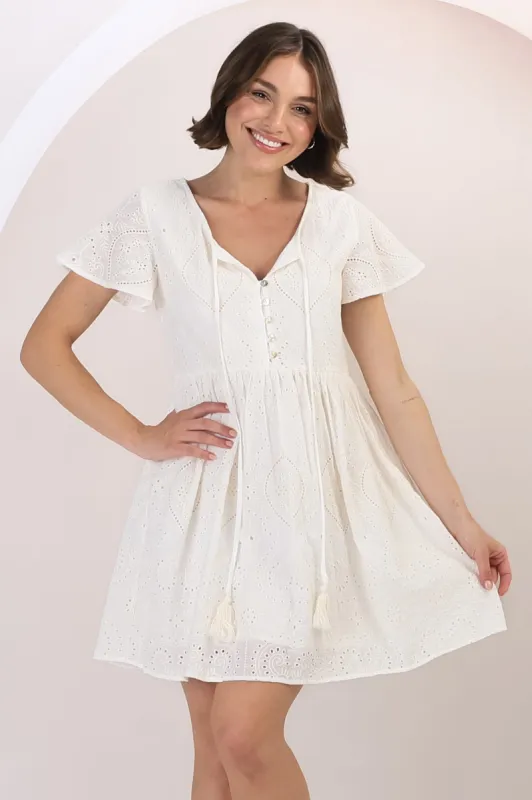 Achanti Mini Dress - Cotton Lace Overlay Cap Sleeve Smock Dress in Oat sold by Salty Crush