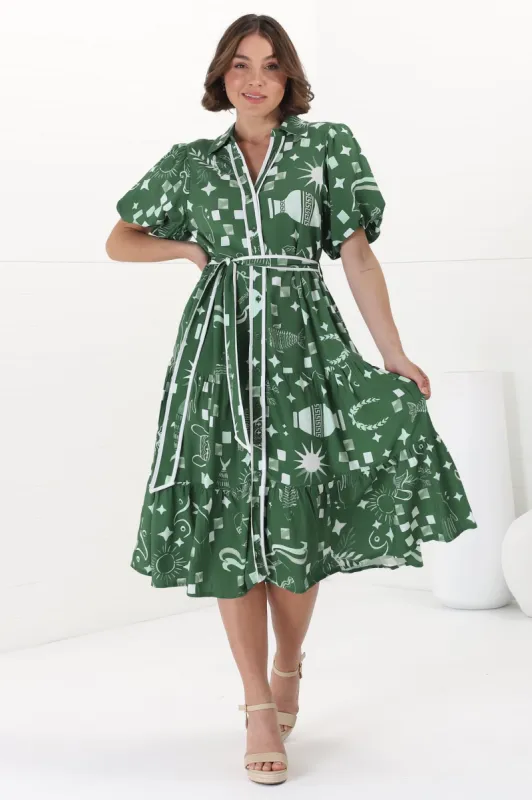 Olisa Midi Dress - Button-Down Contrast Piping Smock Dress with Matching Belt in Embry Print Green sold by Salty Crush