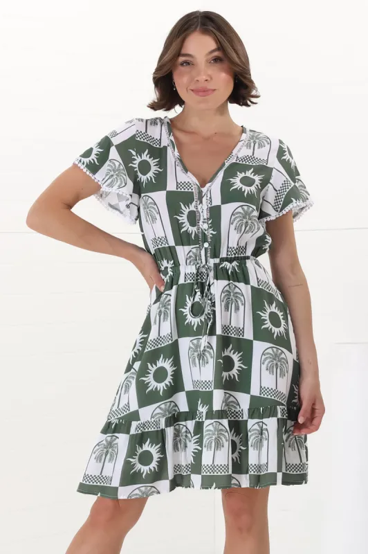 Lorena Mini Dress - V Neck Pull Tie Waist Mini Dress in Layah Print Green sold by Salty Crush