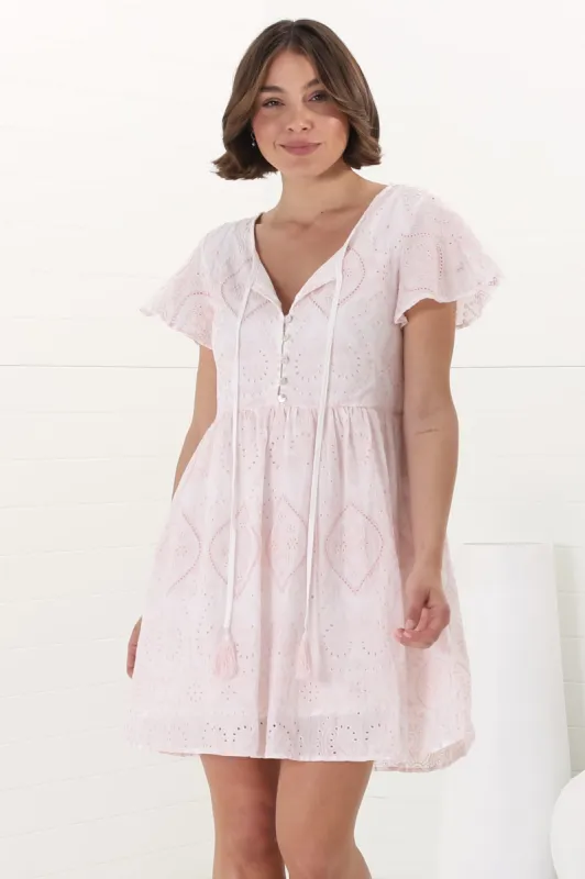 Achanti Mini Dress - Cotton Lace Overlay Cap Sleeve Smock Dress in Pink sold by Salty Crush