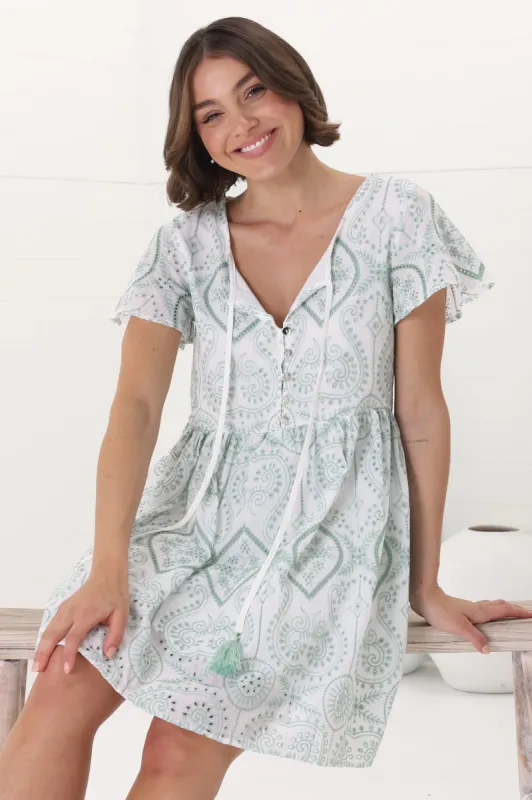 Achanti Mini Dress - Cotton Lace Overlay Cap Sleeve Smock Dress in Green sold by Salty Crush