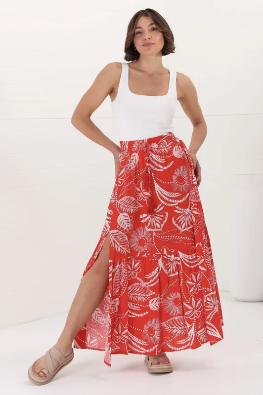 Hellen Maxi Skirt - High Waisted Skirt with Front Splits in Havanna Print Red sold by Salty Crush
