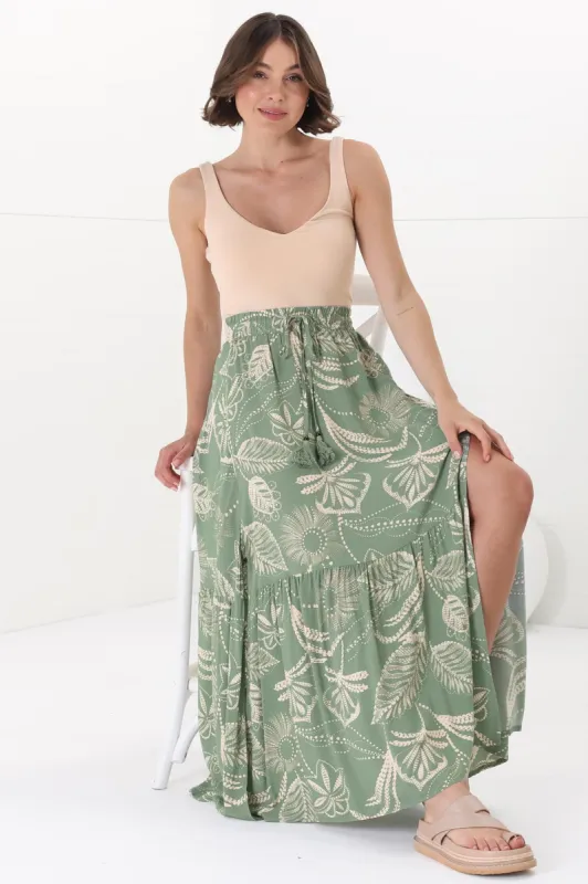 Hellen Maxi Skirt - High Waisted Skirt with Front Splits in Havanna Print Green sold by Salty Crush