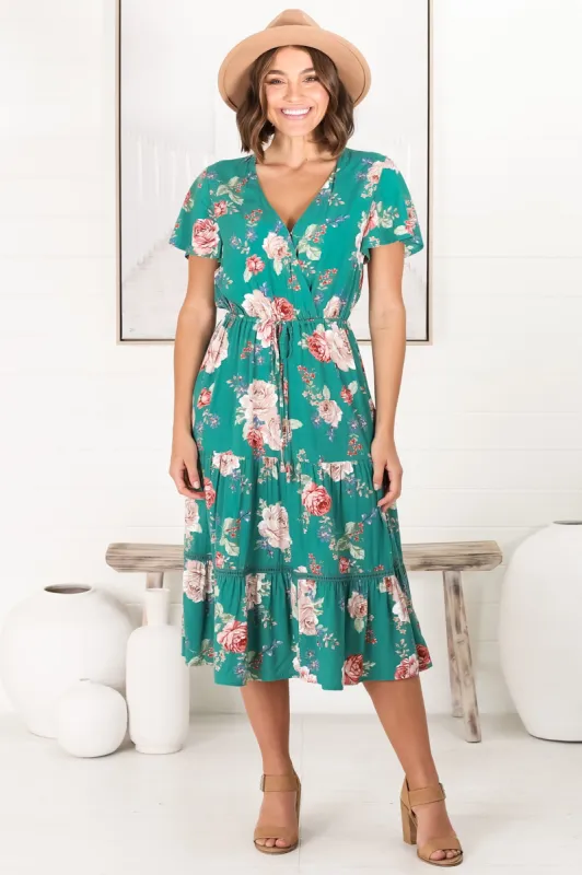 Lore Midi Dress - Cross Over Bodice Tiered Skirt with Crochet Splicing in Louise Print sold by Salty Crush
