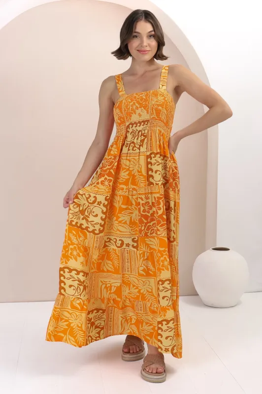 Loretta Maxi Dress - Elasticated Bodice Sun Dress in Kaleah Print Yellow sold by Salty Crush