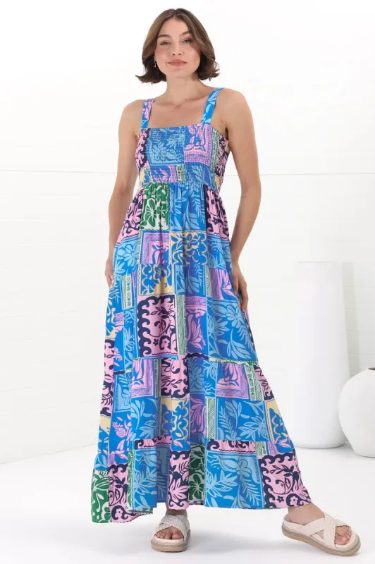 Loretta Maxi Dress - Elasticated Bodice Sun Dress in Kaleah Print Blue sold by Salty Crush