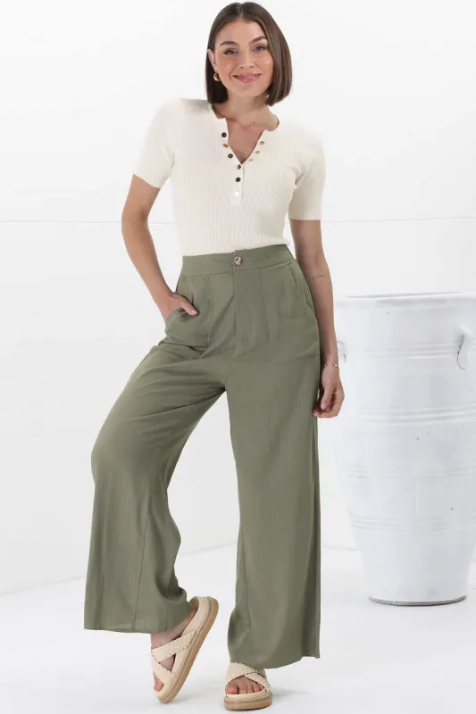 Devira Linen Pants - High Waisted Wide Leg Pant in Khaki sold by Salty Crush