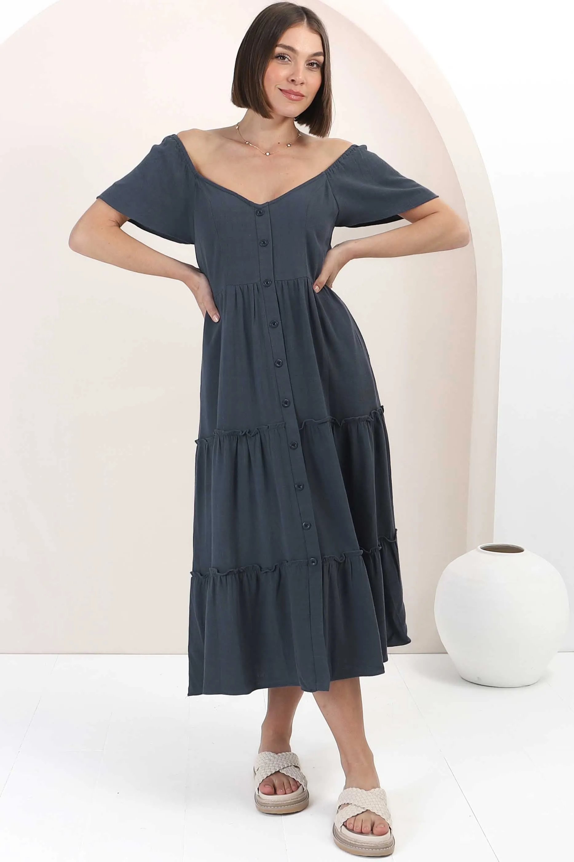 Karina Midi Dress - Button Down Cap Sleeve Tiered Dress in Navy sold by Salty Crush