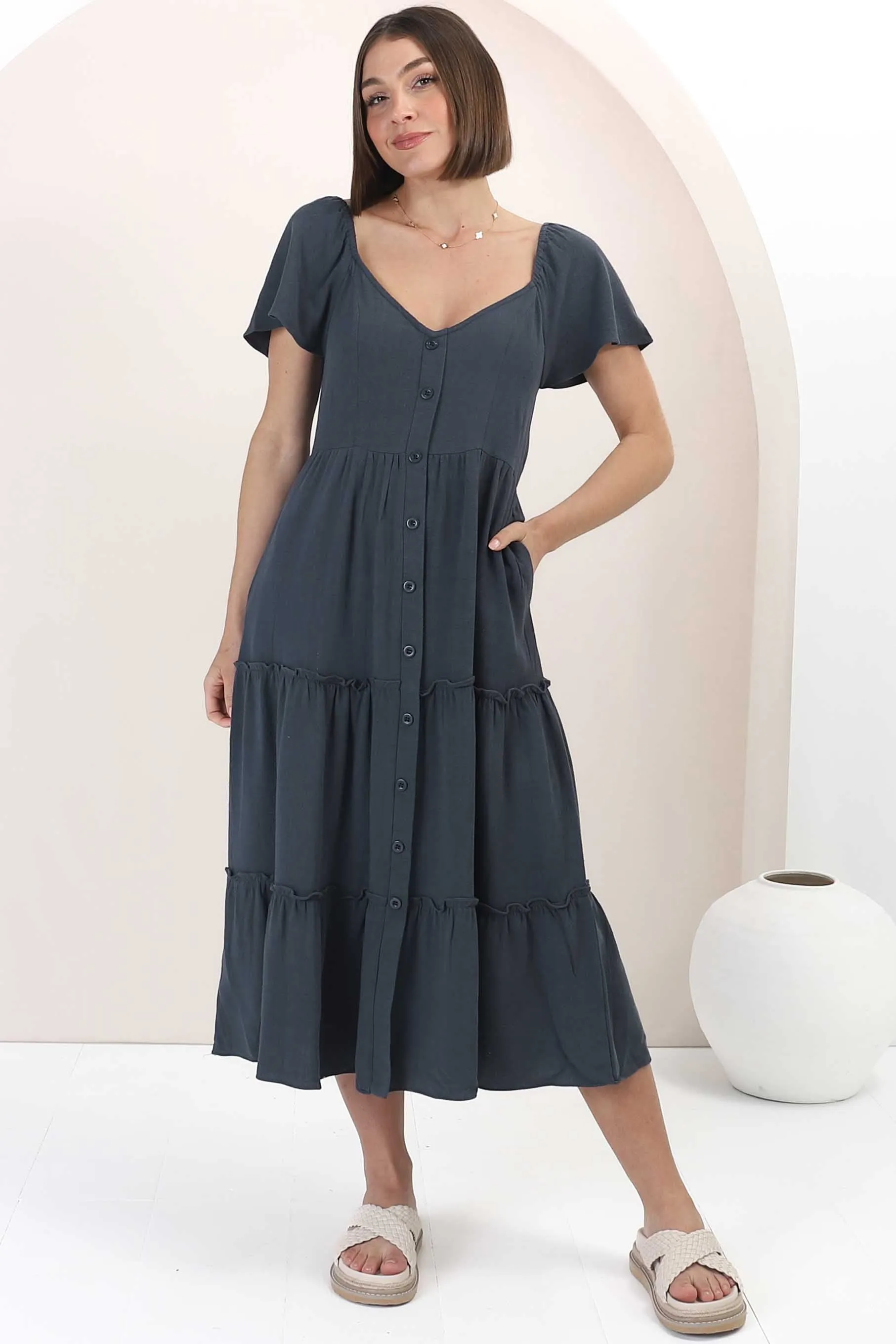 Karina Midi Dress - Button Down Cap Sleeve Tiered Dress in Navy sold by Salty Crush product image thumbnail 2