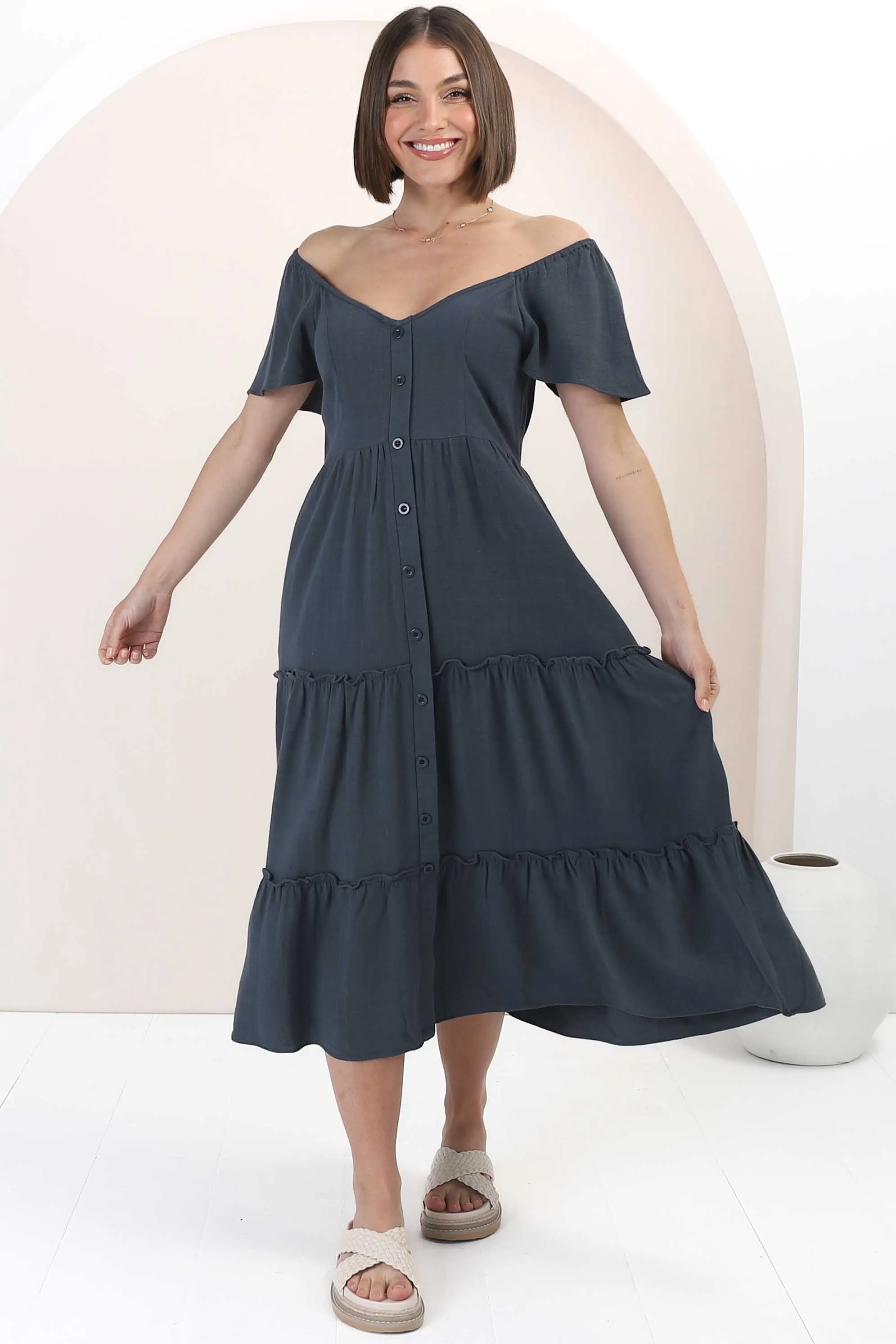 Karina Midi Dress - Button Down Cap Sleeve Tiered Dress in Navy sold by Salty Crush product image thumbnail 3