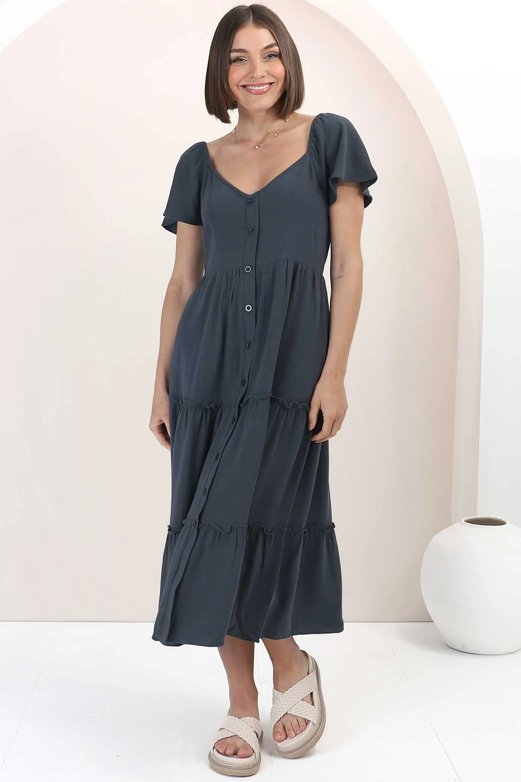 Karina Midi Dress - Button Down Cap Sleeve Tiered Dress in Navy sold by Salty Crush product image thumbnail 4