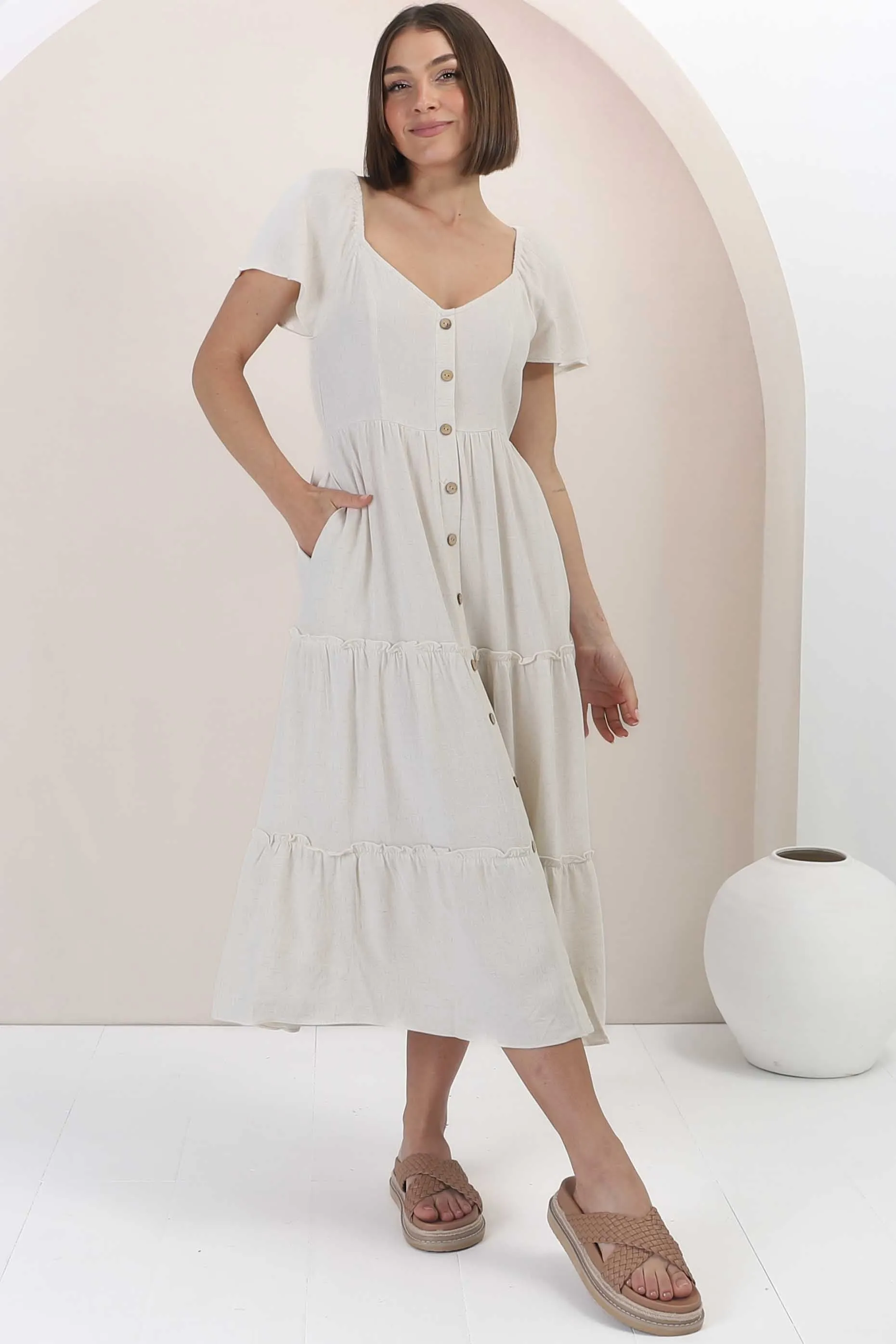 Karina Midi Dress - Button Down Cap Sleeve Tiered Dress in Cream sold by Salty Crush product image thumbnail 4