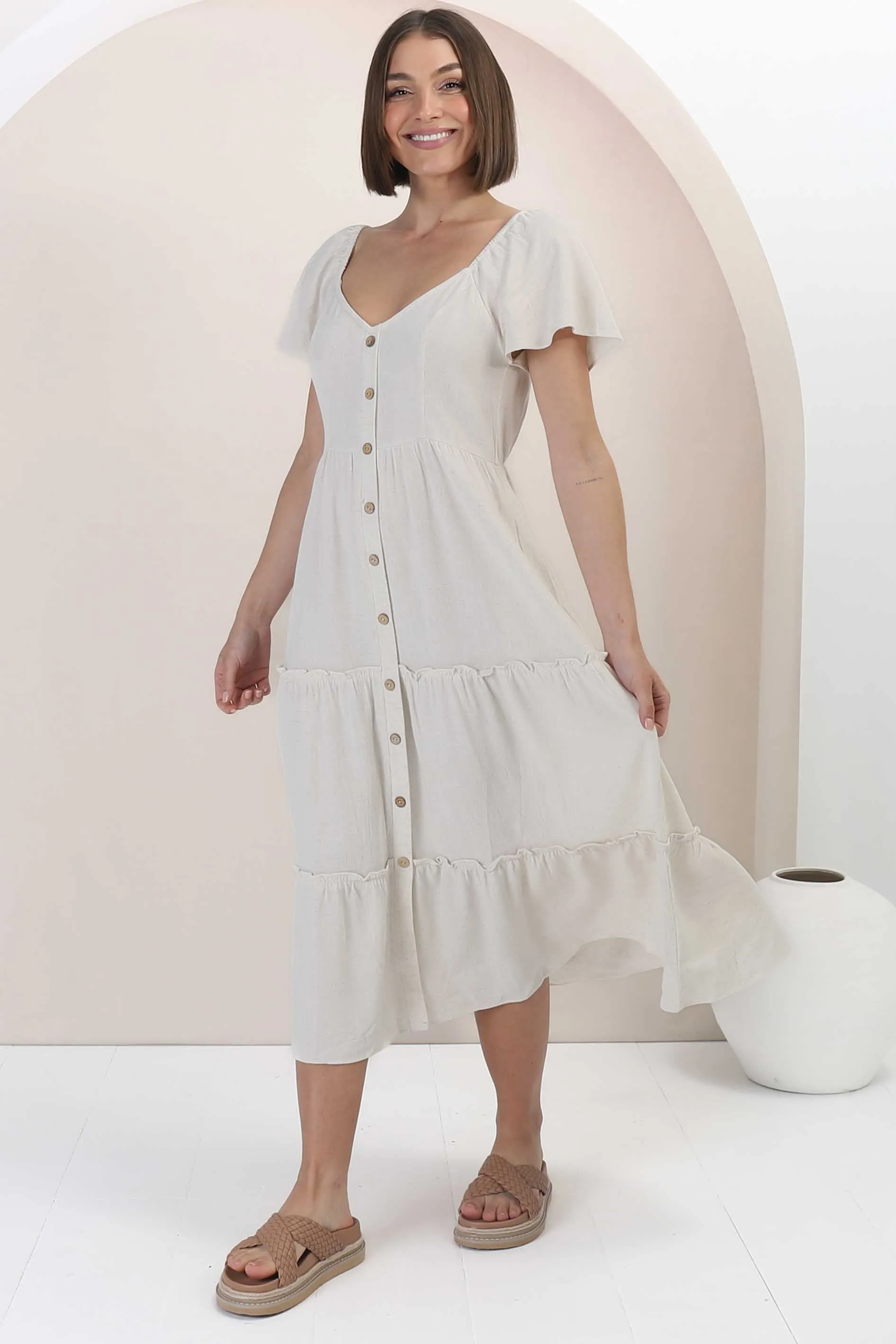 Karina Midi Dress - Button Down Cap Sleeve Tiered Dress in Cream sold by Salty Crush product image thumbnail 5