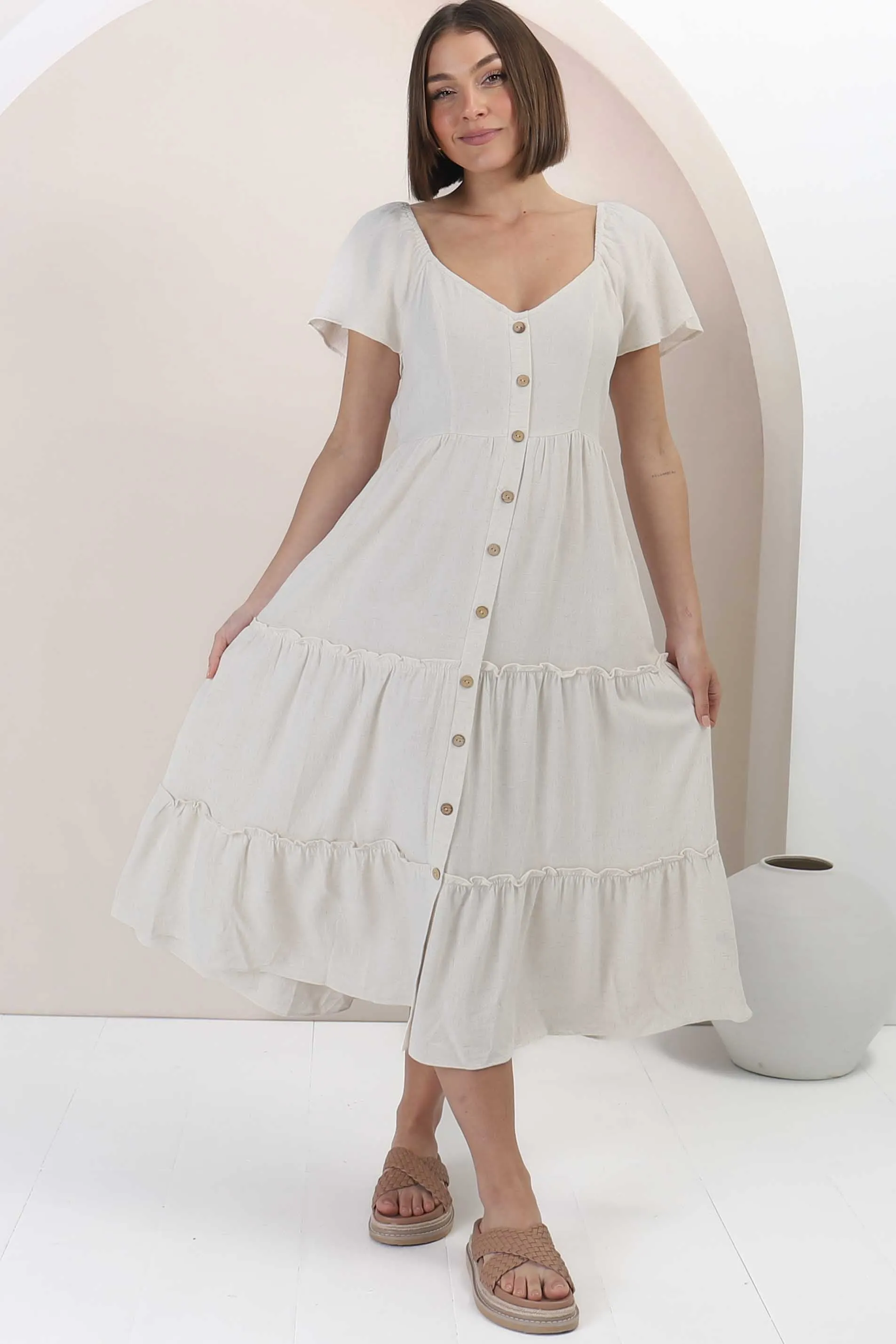 Karina Midi Dress - Button Down Cap Sleeve Tiered Dress in Cream sold by Salty Crush product image thumbnail 2