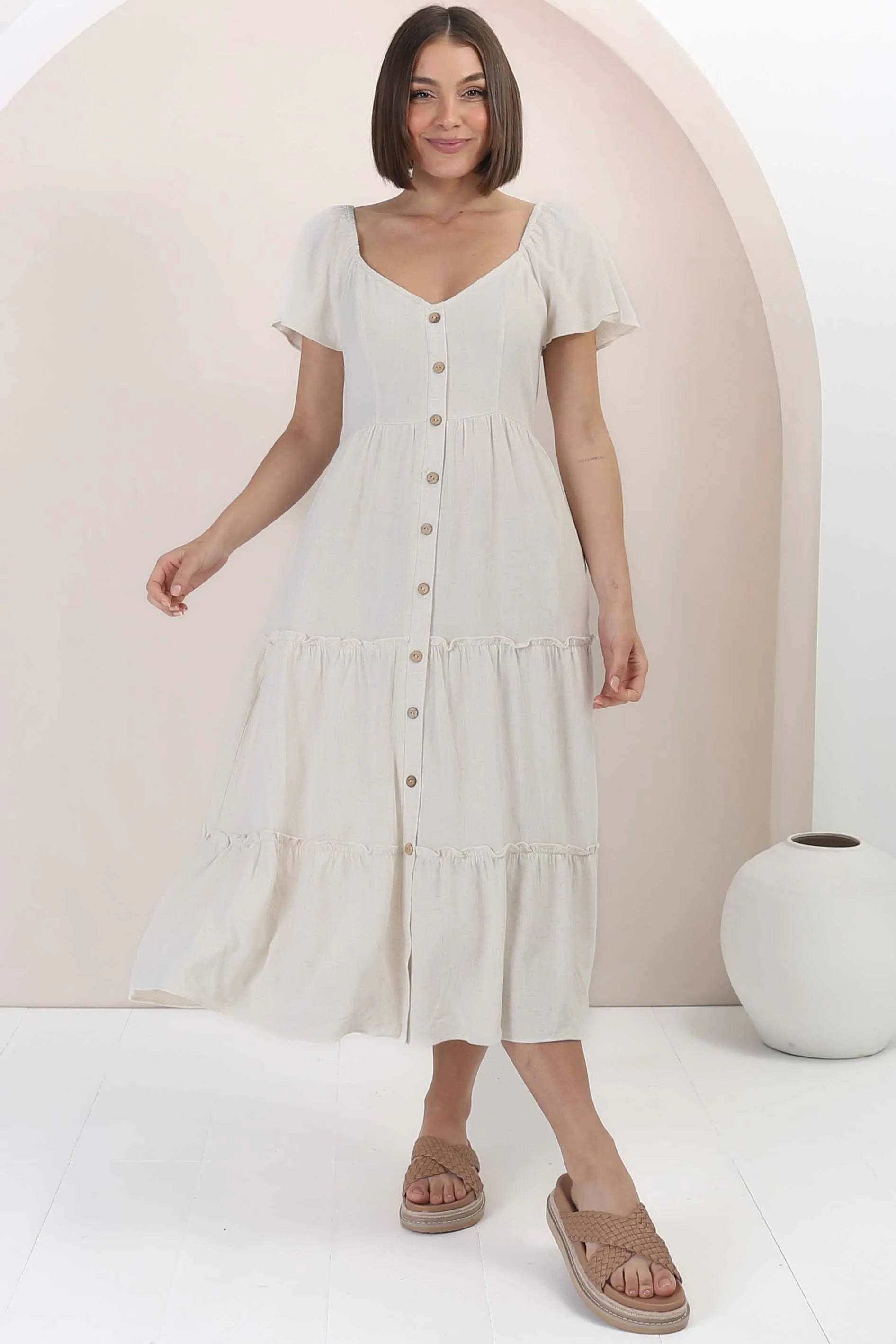Karina Midi Dress - Button Down Cap Sleeve Tiered Dress in Cream sold by Salty Crush