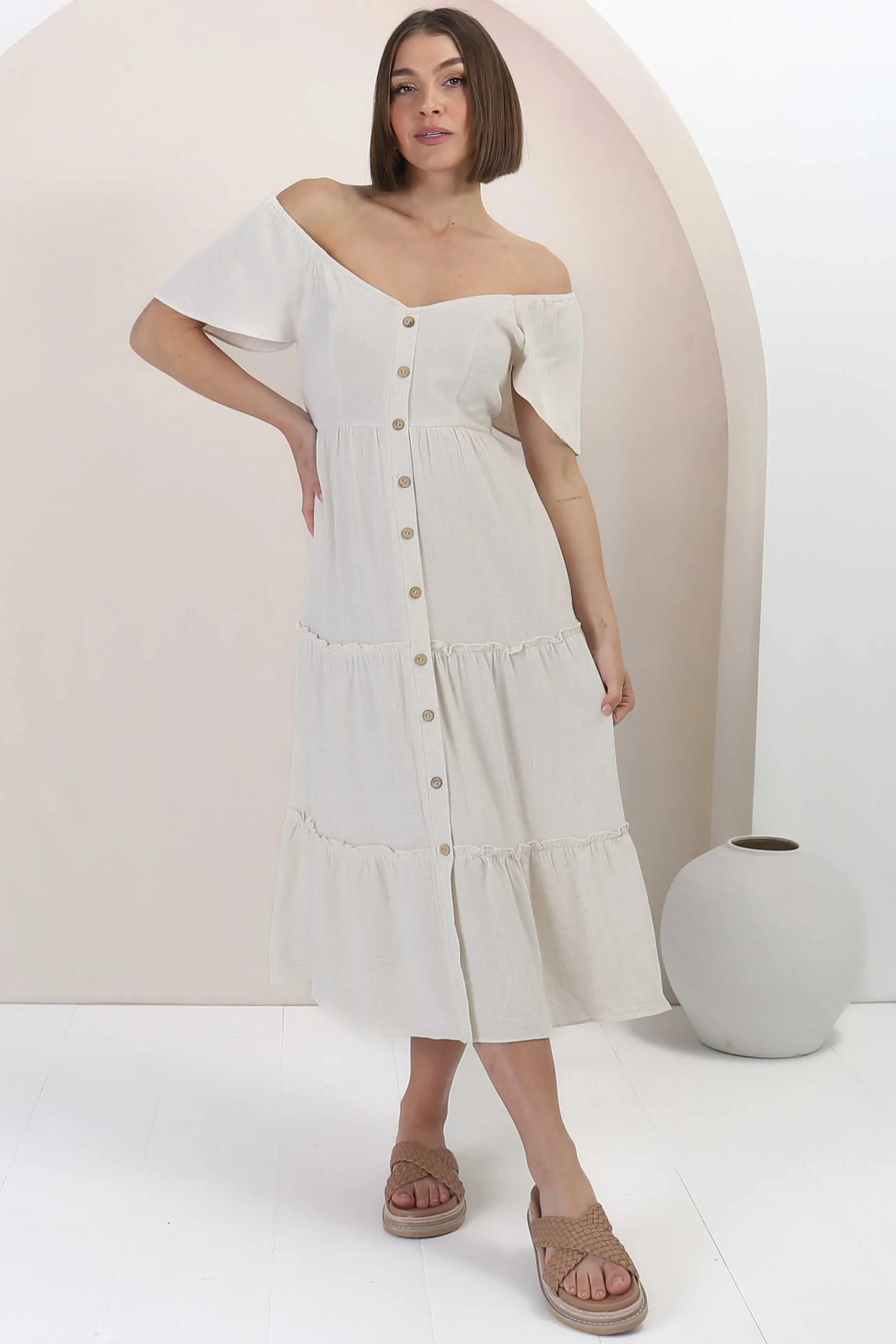 Karina Midi Dress - Button Down Cap Sleeve Tiered Dress in Cream sold by Salty Crush product image thumbnail 3