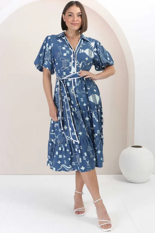 Olisa Midi Dress - Button-Down Contrast Piping Smock Dress with Matching Belt in Embry Print Blue sold by Salty Crush