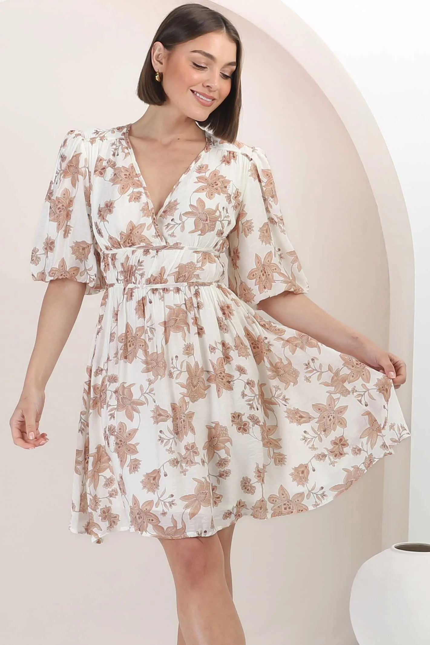 Ester Mini Dress - Cross Front Neckline Gathered Waist A Line Dress in Emelie Print sold by Salty Crush