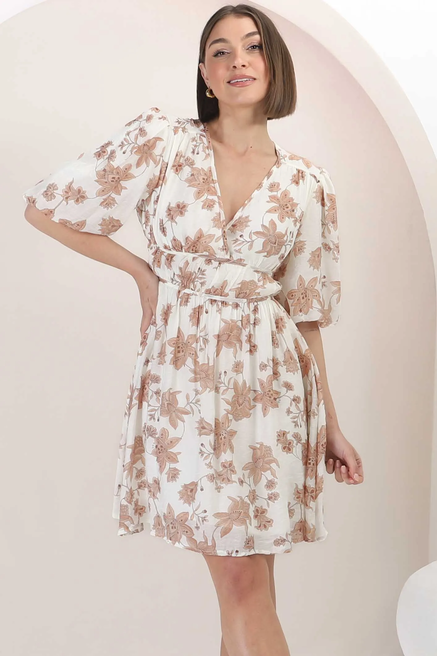 Ester Mini Dress - Cross Front Neckline Gathered Waist A Line Dress in Emelie Print sold by Salty Crush product image thumbnail 3