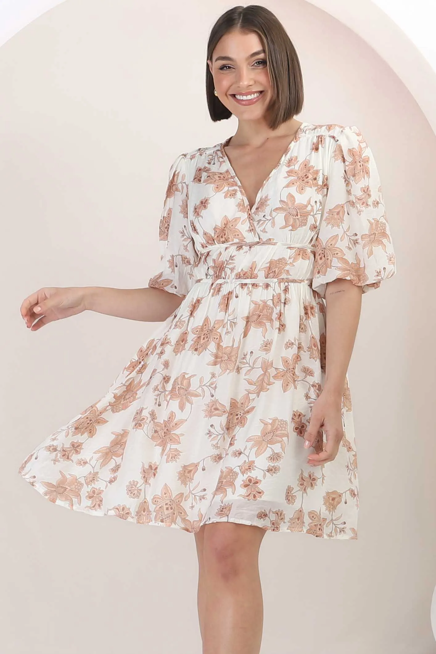 Ester Mini Dress - Cross Front Neckline Gathered Waist A Line Dress in Emelie Print sold by Salty Crush product image thumbnail 2