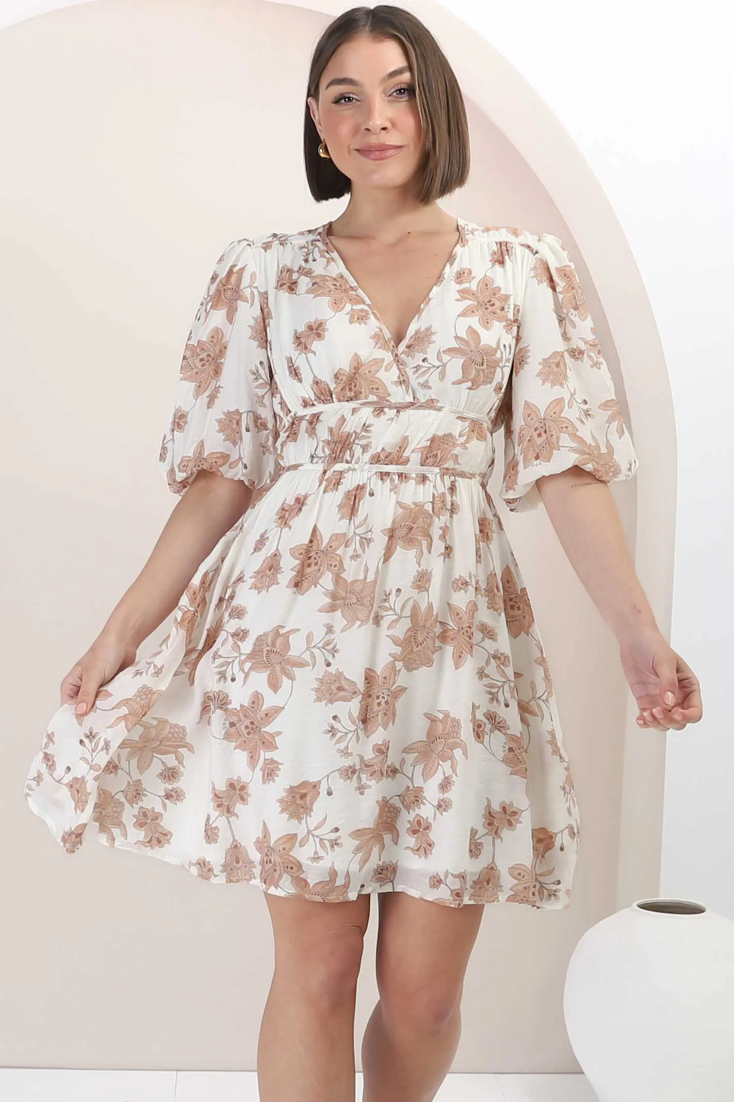 Ester Mini Dress - Cross Front Neckline Gathered Waist A Line Dress in Emelie Print sold by Salty Crush product image thumbnail 5
