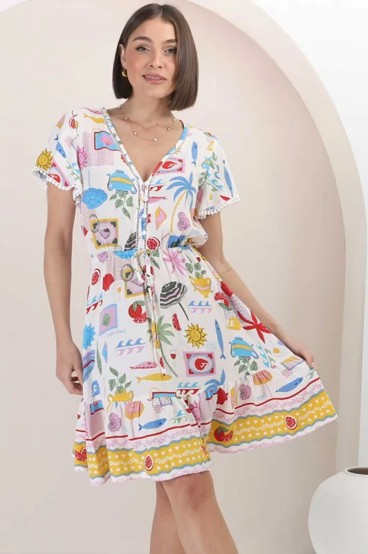 Lorena Mini Dress - V Neck Pull Tie Waist Mini Dress in Viaggio Print sold by Salty Crush