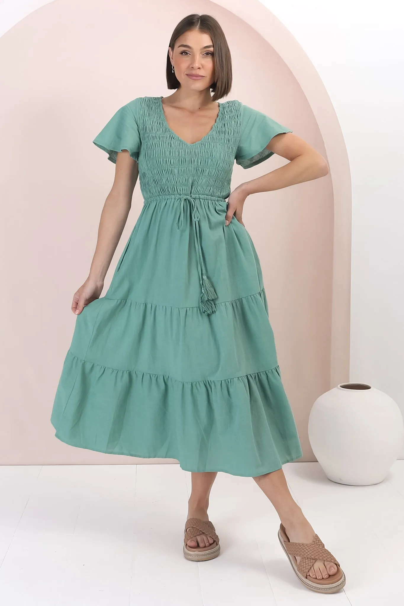 Alyse Midi Dress - Shirred Bodice Cap Sleeve Dress with Pull Tie Waist in Green sold by Salty Crush product image thumbnail 3