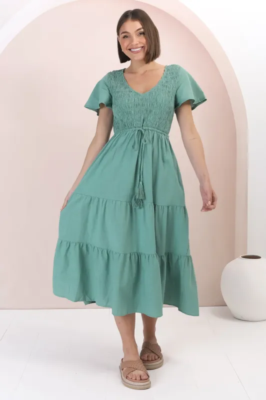 Alyse Midi Dress - Shirred Bodice Cap Sleeve Dress with Pull Tie Waist in Green sold by Salty Crush