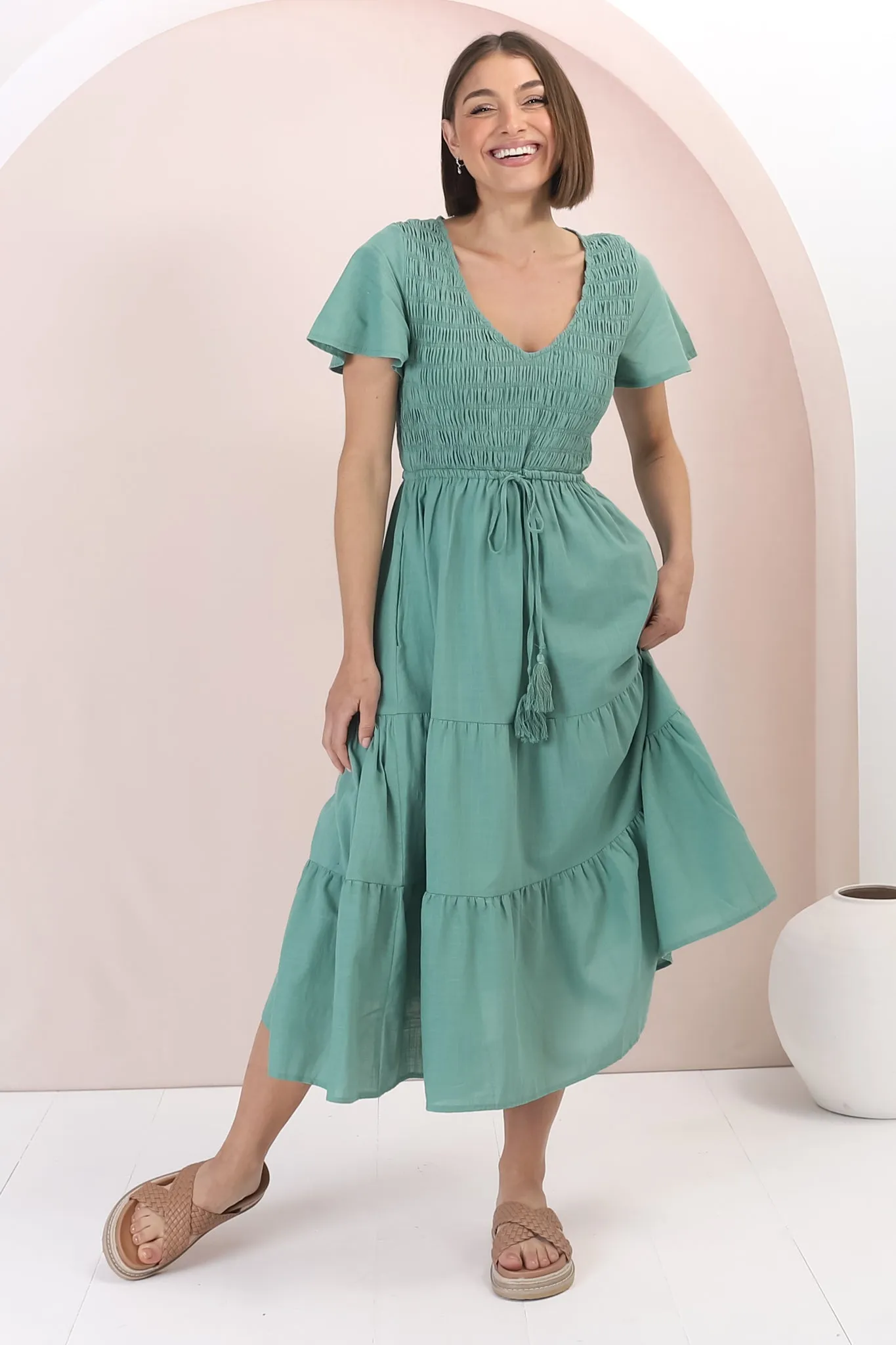 Alyse Midi Dress - Shirred Bodice Cap Sleeve Dress with Pull Tie Waist in Green sold by Salty Crush product image thumbnail 5