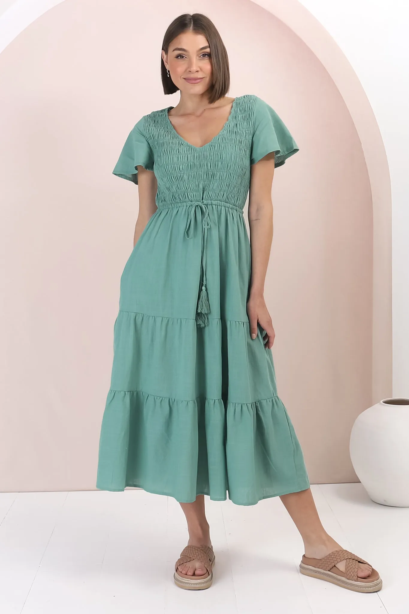 Alyse Midi Dress - Shirred Bodice Cap Sleeve Dress with Pull Tie Waist in Green sold by Salty Crush product image thumbnail 2