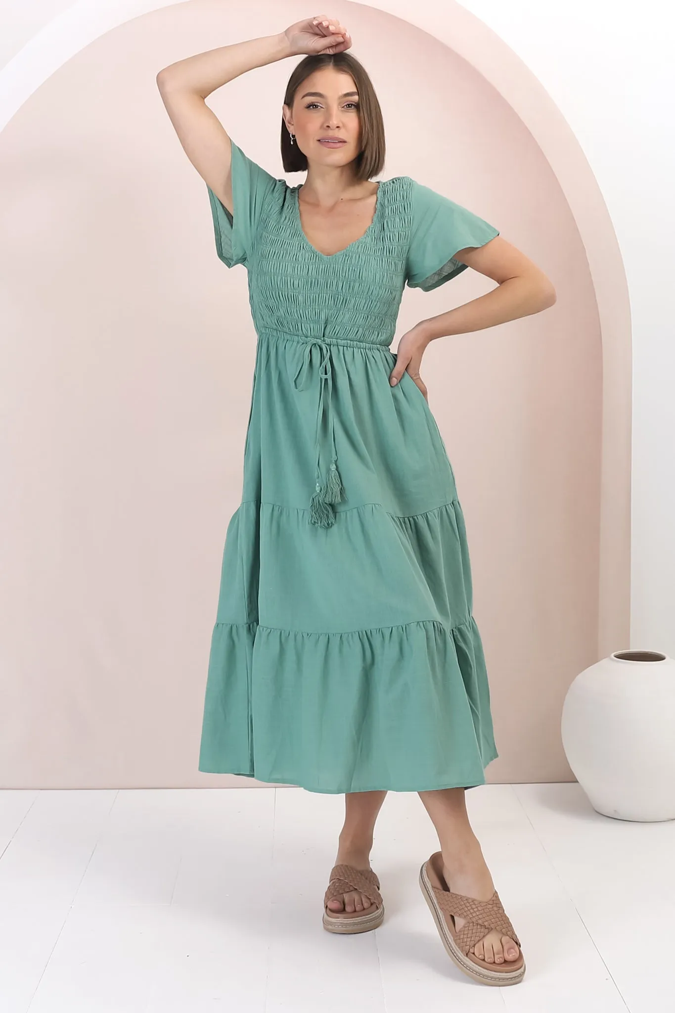Alyse Midi Dress - Shirred Bodice Cap Sleeve Dress with Pull Tie Waist in Green sold by Salty Crush product image thumbnail 4