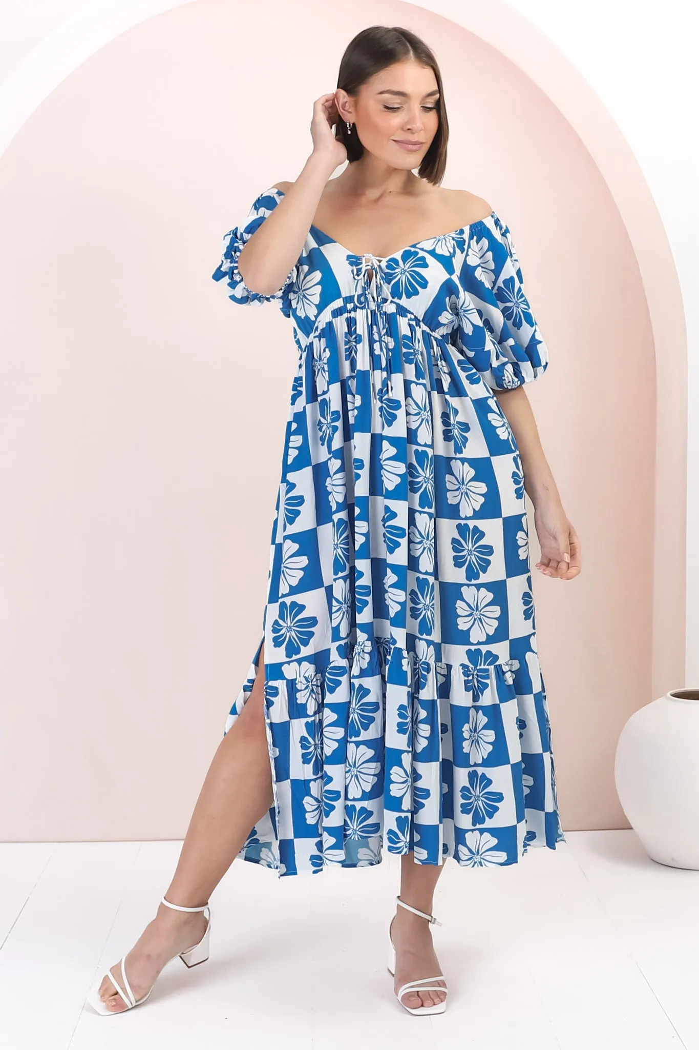 Nielly Midi Dress - V Neck Tie Bust A Line Dress with Balloon Sleeves in Kolby Print Blue sold by Salty Crush product image thumbnail 3