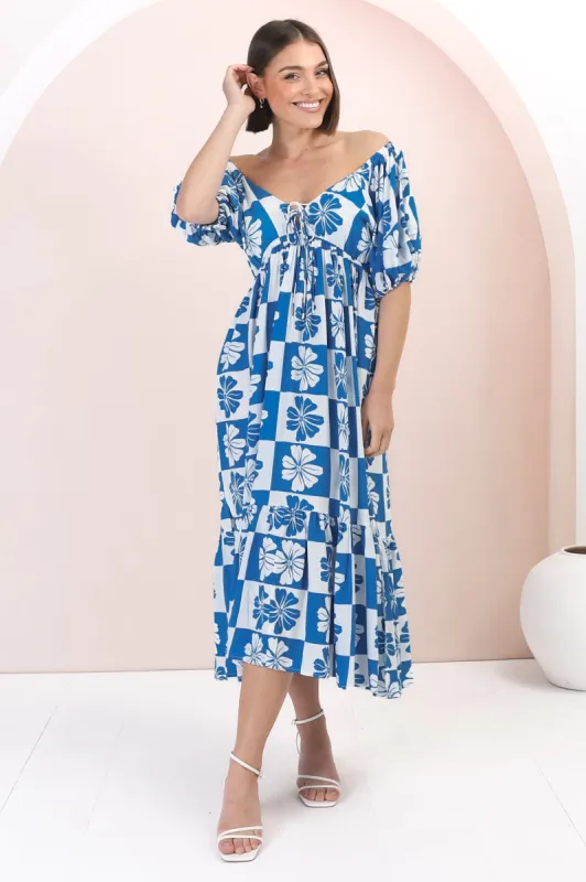 Nielly Midi Dress - V Neck Tie Bust A Line Dress with Balloon Sleeves in Kolby Print Blue sold by Salty Crush