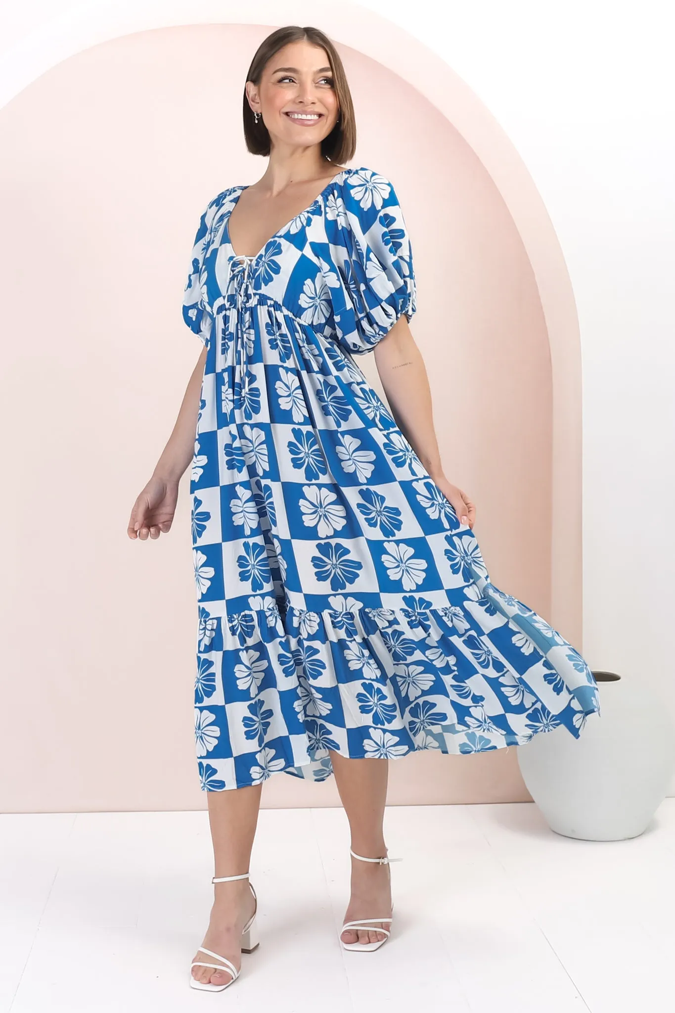 Nielly Midi Dress - V Neck Tie Bust A Line Dress with Balloon Sleeves in Kolby Print Blue sold by Salty Crush product image thumbnail 5