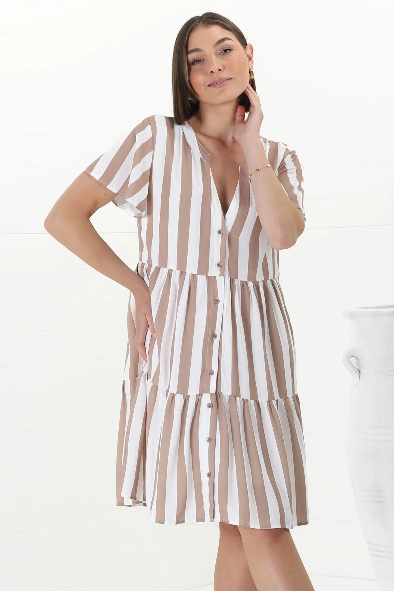 Wilma Mini Dress - Bermuda Collar Button Down Dress with Cap Sleeves in Gaubi Print Beige sold by Salty Crush product image thumbnail 2