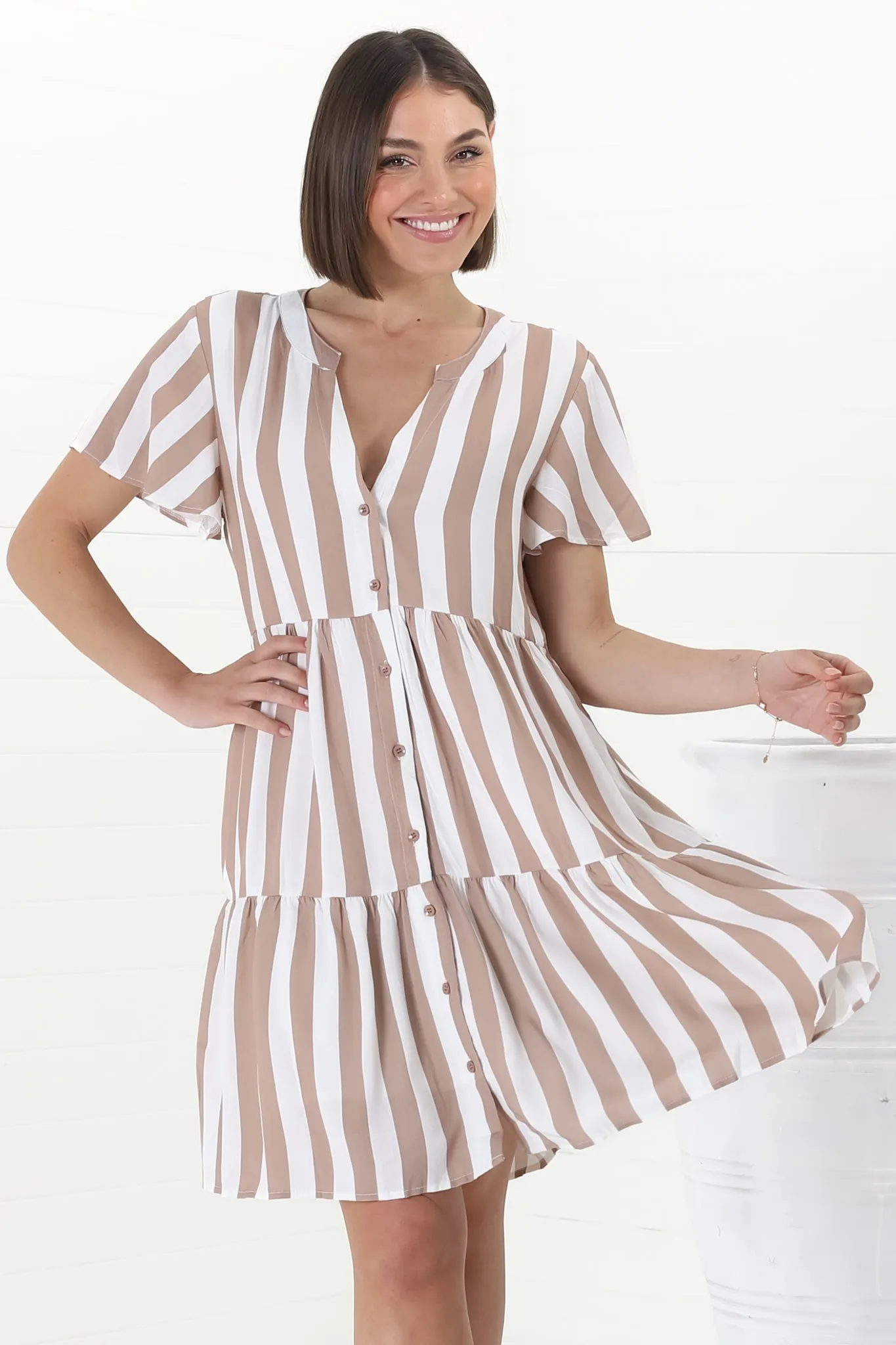 Wilma Mini Dress - Bermuda Collar Button Down Dress with Cap Sleeves in Gaubi Print Beige sold by Salty Crush product image thumbnail 3