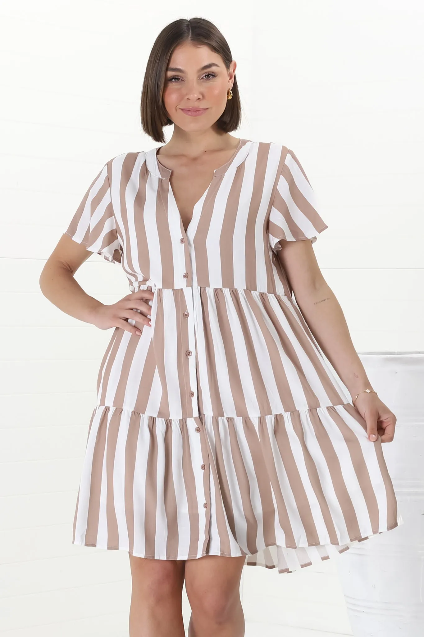 Wilma Mini Dress - Bermuda Collar Button Down Dress with Cap Sleeves in Gaubi Print Beige sold by Salty Crush