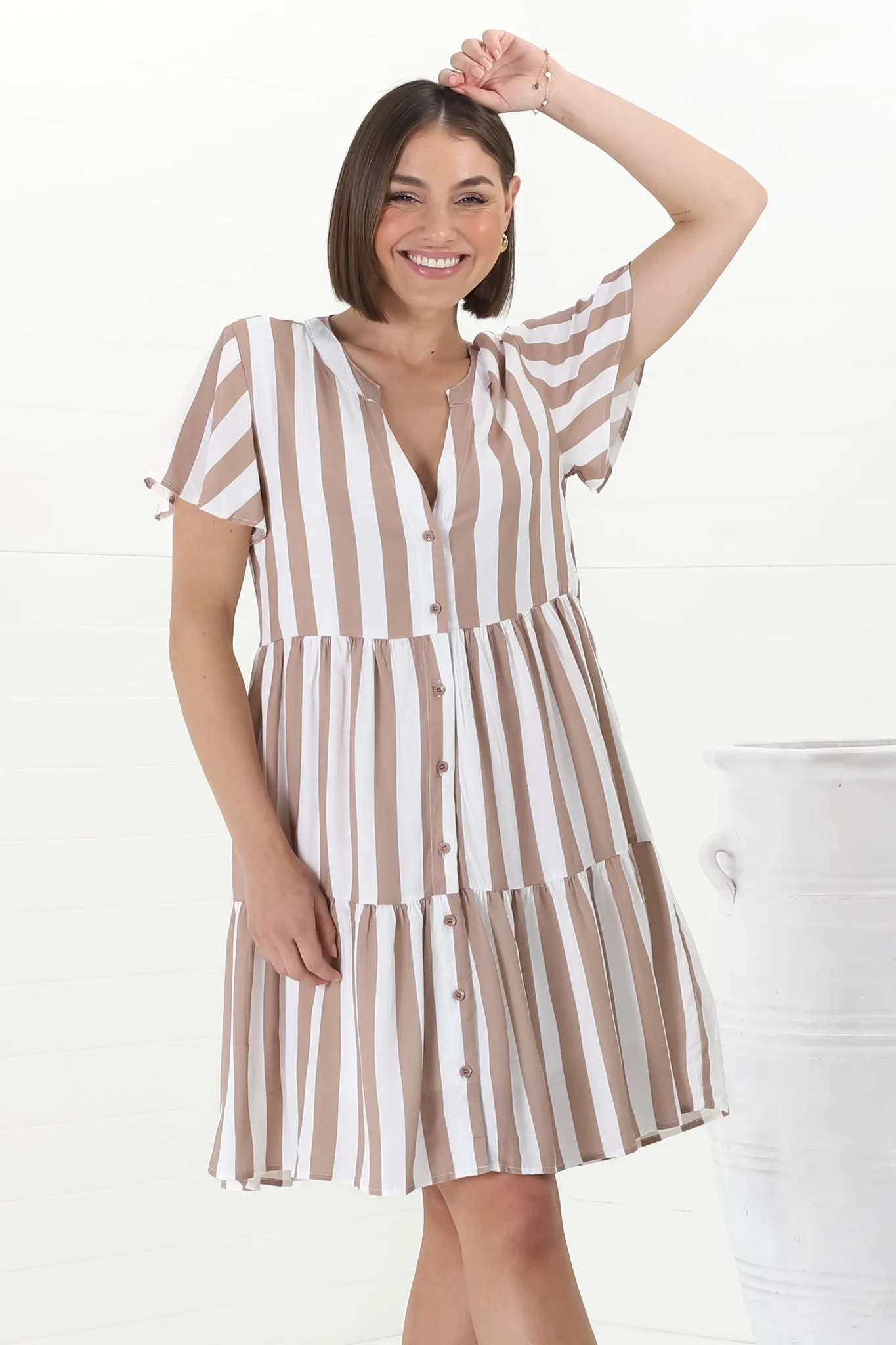 Wilma Mini Dress - Bermuda Collar Button Down Dress with Cap Sleeves in Gaubi Print Beige sold by Salty Crush product image thumbnail 5