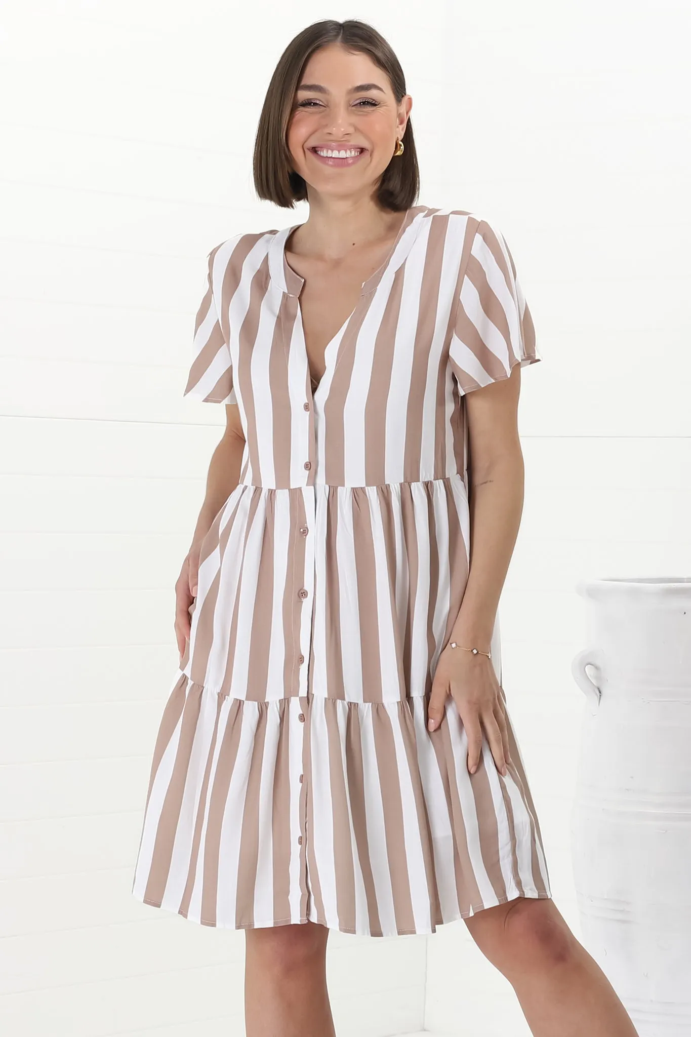 Wilma Mini Dress - Bermuda Collar Button Down Dress with Cap Sleeves in Gaubi Print Beige sold by Salty Crush product image thumbnail 4