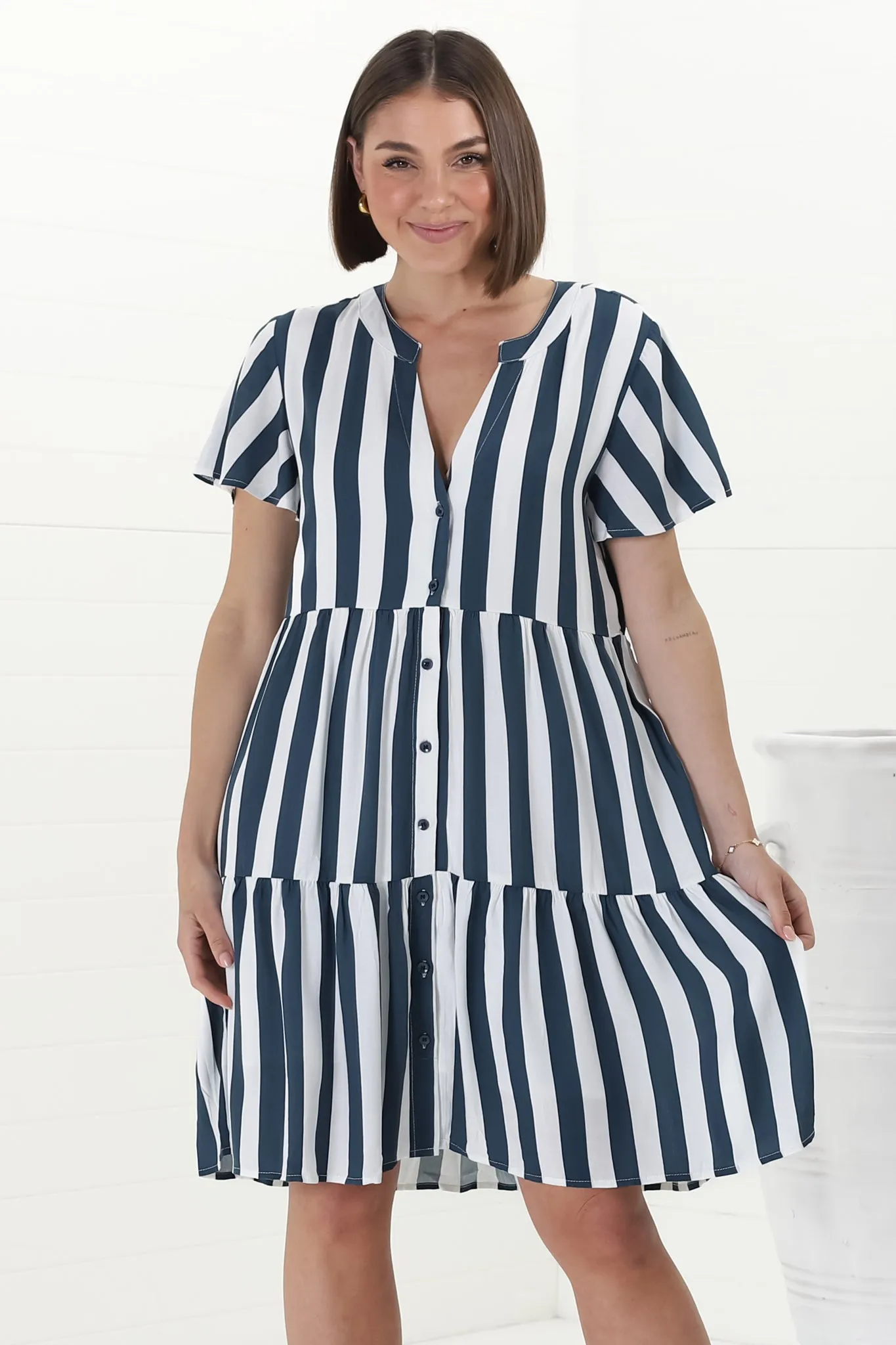 Wilma Mini Dress - Bermuda Collar Button Down Dress with Cap Sleeves in Gaubi Print Blue sold by Salty Crush product image thumbnail 3