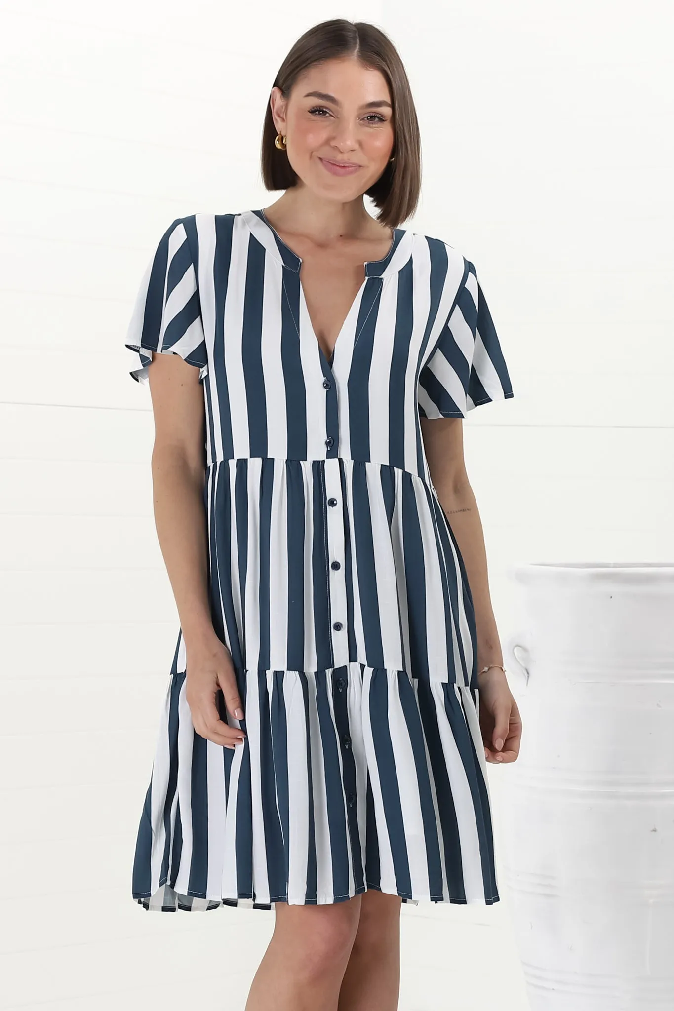 Wilma Mini Dress - Bermuda Collar Button Down Dress with Cap Sleeves in Gaubi Print Blue sold by Salty Crush product image thumbnail 5